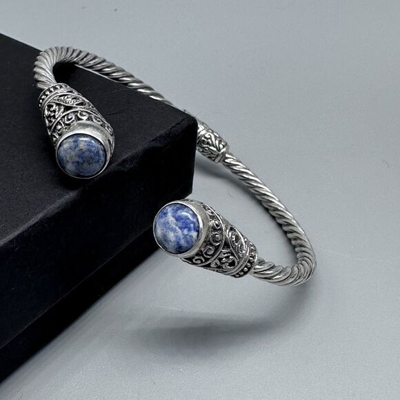 925 Cable Clamper Bracelet Light Blue Sodalite Sterling Silver - Picture 4 of 5